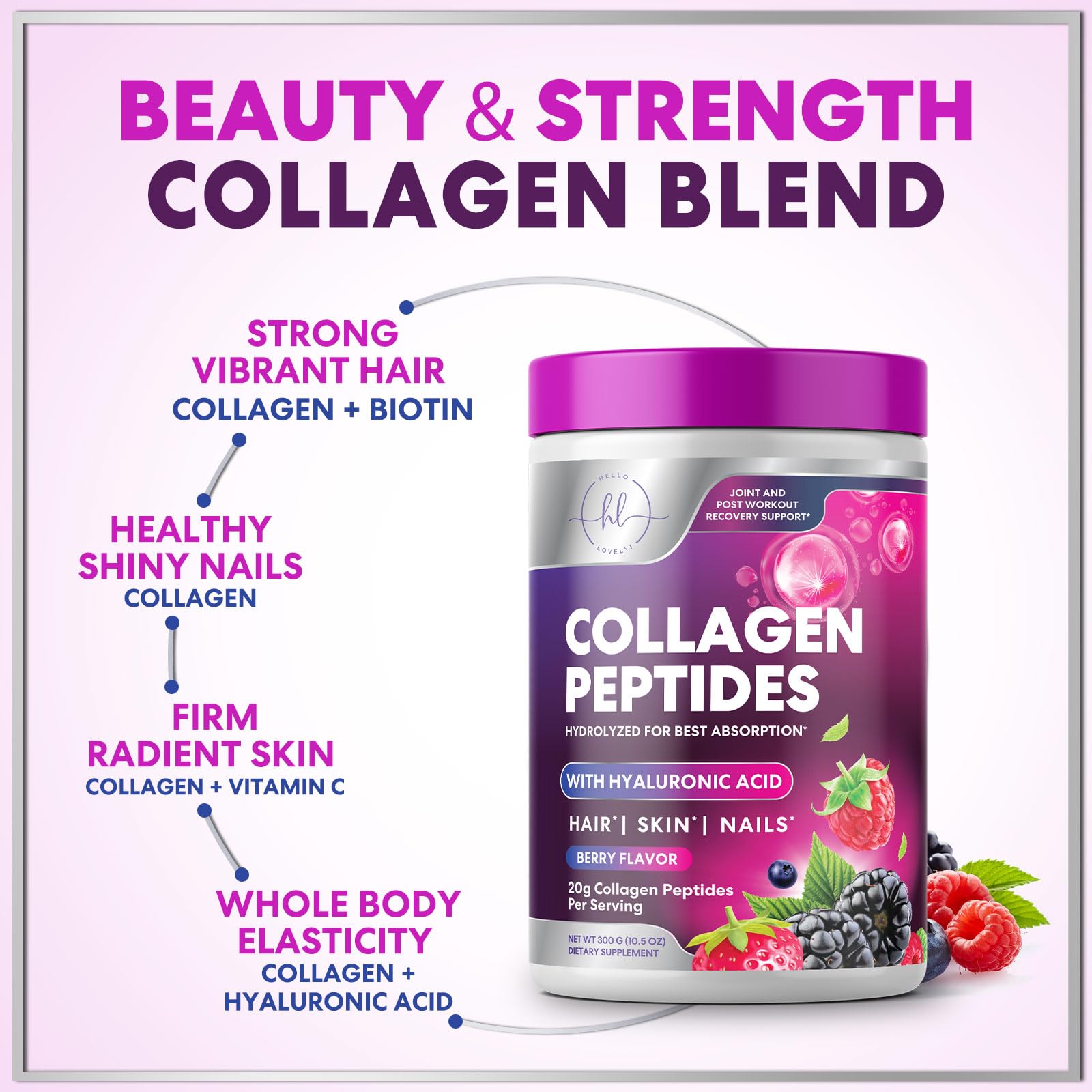 Collagen Peptides Powder 20g - Hydrolyzed Type 1 & 3 Berry Flavor Collagen Powder - Biotin, Hyaluronic Acid, Vitamin C - Hair, Skin, & Nails Support Supplement for Women & Men - Bottled in USA, 10.5oz — Amazon image 5