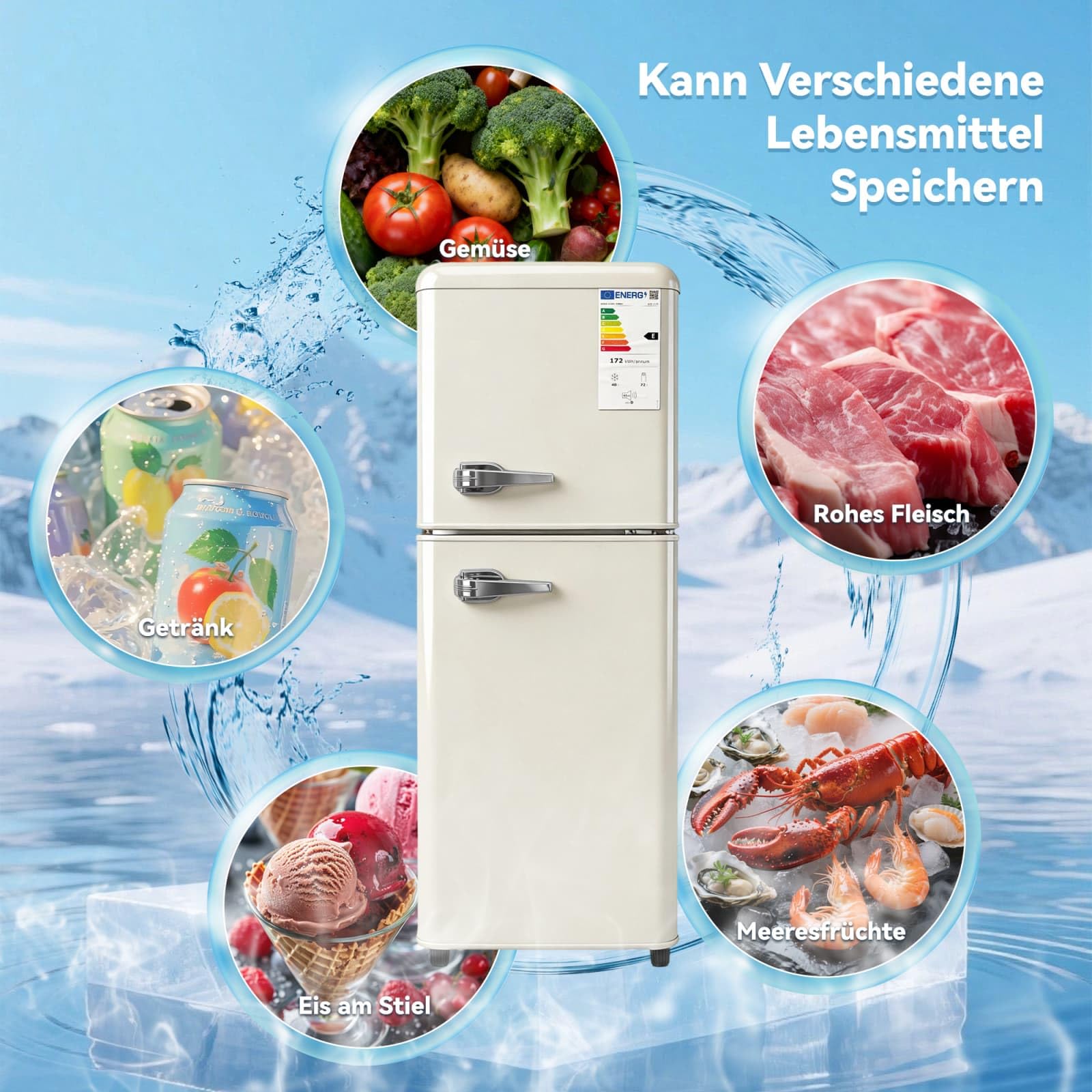 KOMHTOM Réfrigérateur à 2 Porte, Petit Frigo, Réglage de La Température à 7 Niveaux, Classe E, éclairage LED, étagères Réglables, pour Cuisine et Salon (Blanc, 112L)