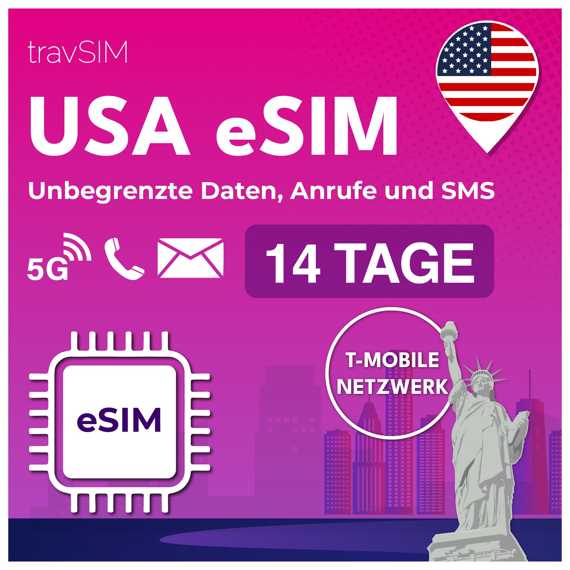 travSIM USA eSIM | T-Mobile Netz | Unbegrenzte Daten, Anrufe & Texte in den USA | eSIM für USA funktioniert auf eSIM kompatiblen iOS & Android Geräten | USA eSIM 14 Tage