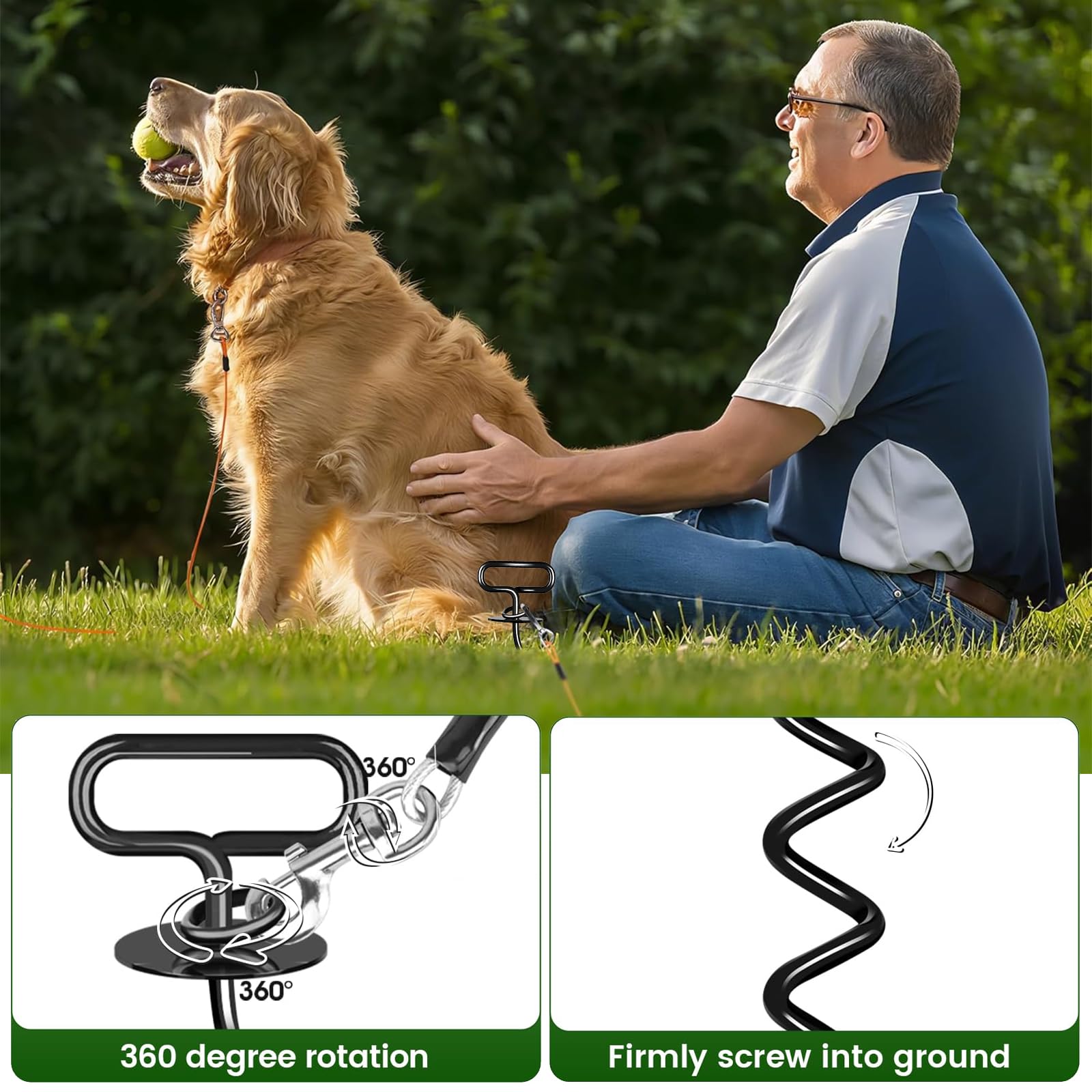 Ancrage pour Chien, Spirale Trapézoïdale Piquet pour Chien, 360° Rotation Anti-enchevêtrement Piquet Ancrage pour Chiens, Facile à Installer, pour Petit, Moyen ou GRA(Noir