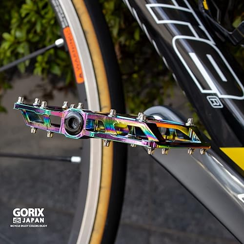 Miniatura 7 de GORIX Pedales planos de bicicleta CNC ancho 3 cojinetes ligeros con pasador antideslizante Spike Oil Slick Road Mountain MTB bicicleta (GX-FX181)