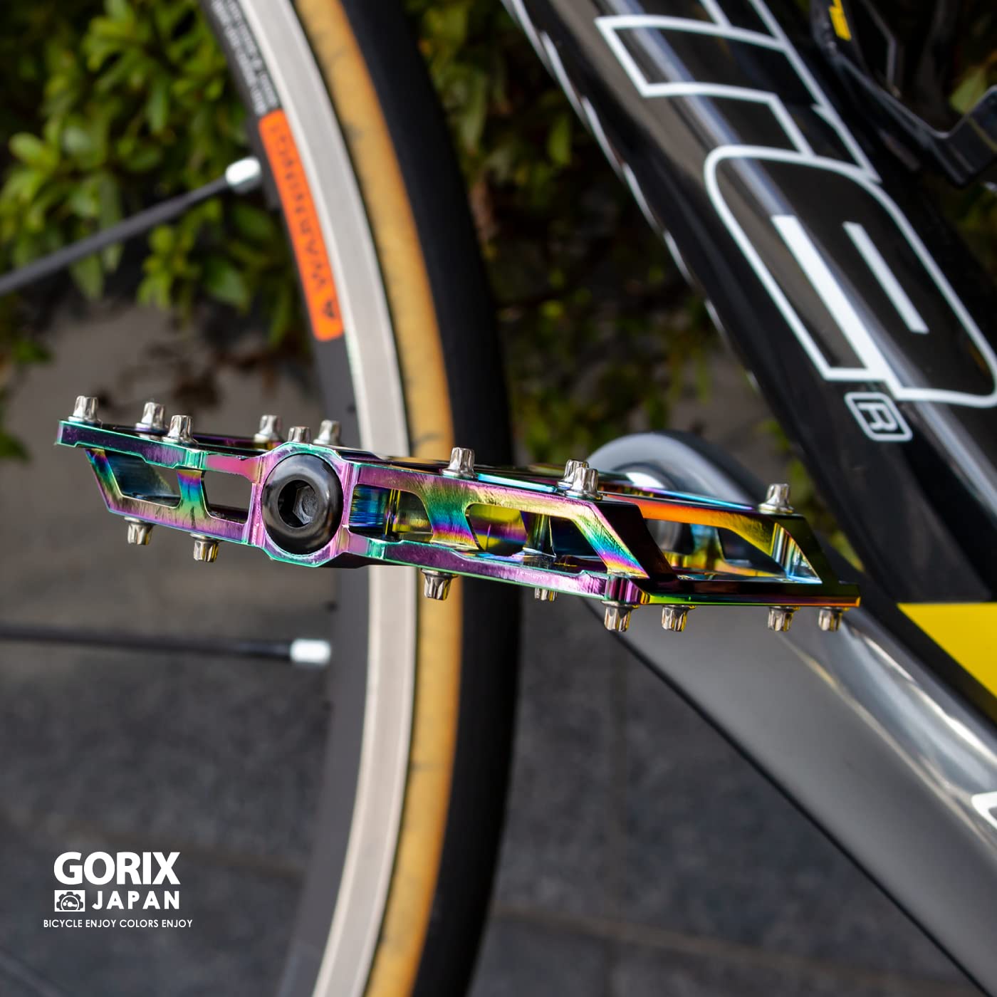 GORIX Fahrrad-Flachpedale, breites CNC-3-B-Lager, leicht, mit rutschfestem Stift, Spike, Oil Slick, Rennrad, Mountainbike, MTB-Fahrrad (GX-FX181)