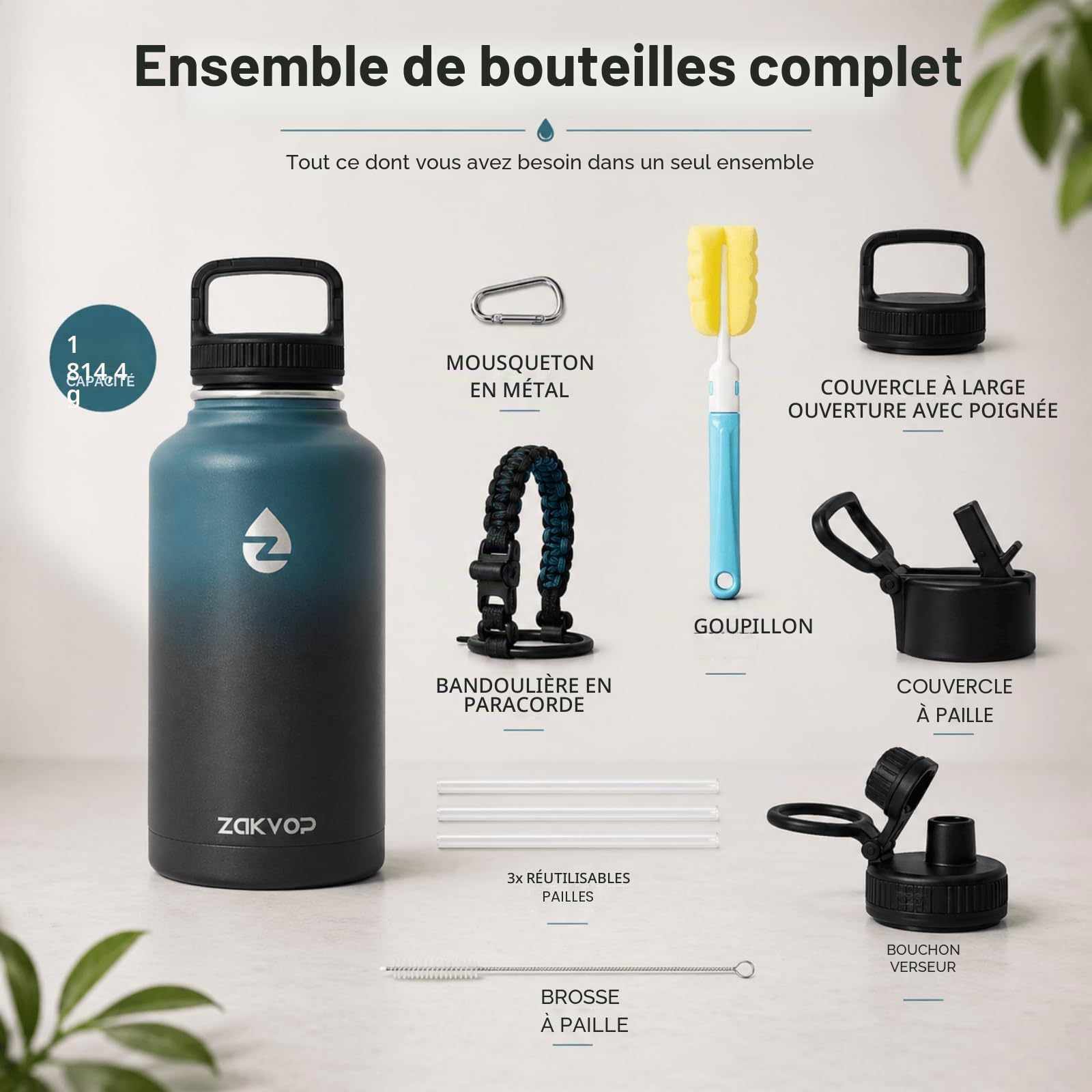 Gourde Isotherme 2l, Bouteille Isotherme avec Pailles et 3 Couvercles, Gourde Inox avec Poignée en Paracorde, Gourde 2l Étanche Sans BPA