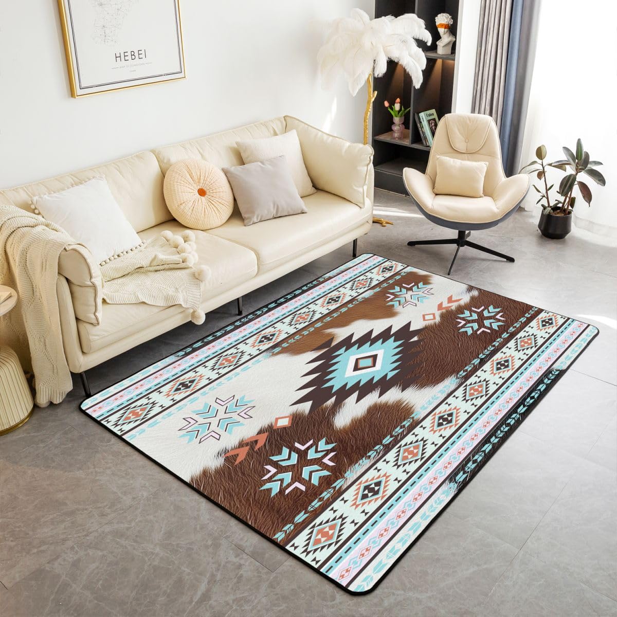 Homewish Jasnoniebieski aztecki dywan 100 x 150 cm - krowa góralska kryjówka dywan do salonu brązowy zachodnia skóra zwierzęca nie gubi włosia dywan południowy zachód rodzimy design duże dywany