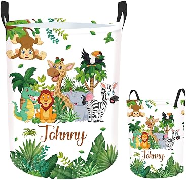 Personalized Name Baby Boys Hamper 2 Sizes, Custom Name Safari Animals Laundry Baskets for Toddler Kids Adults, Customize Baby Name Woodland Animals Print Storage Basket with Handles