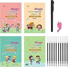 Sank Magic Practice Copybook, Number Tracing Book for Preschoolers with Pen, Magic Calligraphy Copybook Set Practical Reusable Writing Tool Simple Hand Lettering (4 BOOKS + 10 REFILL)