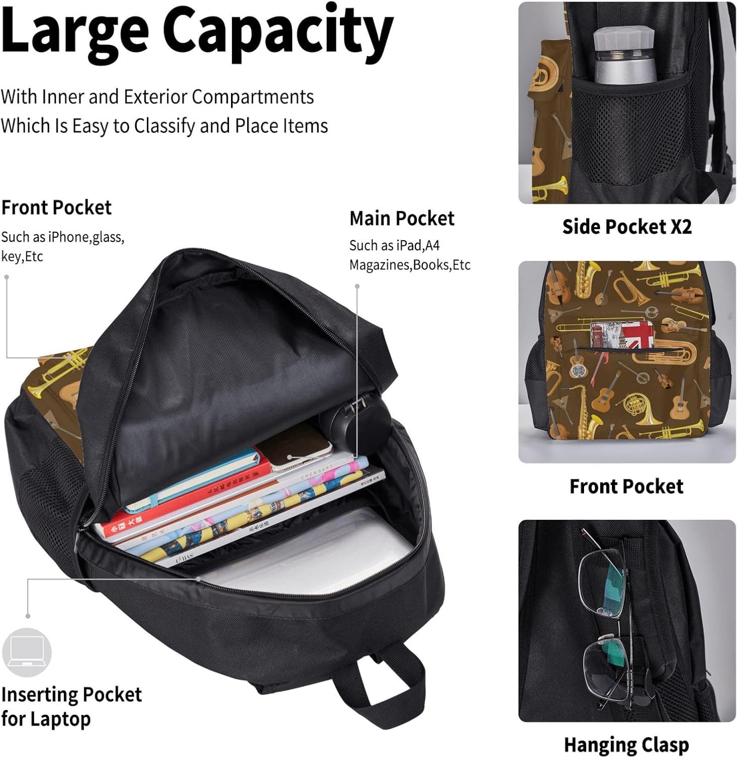 Trumpet Musical Instrument Pattern 3 Piece Backpack Sets With Lunch Bag Pencil Case Combination Hiking Travel Work