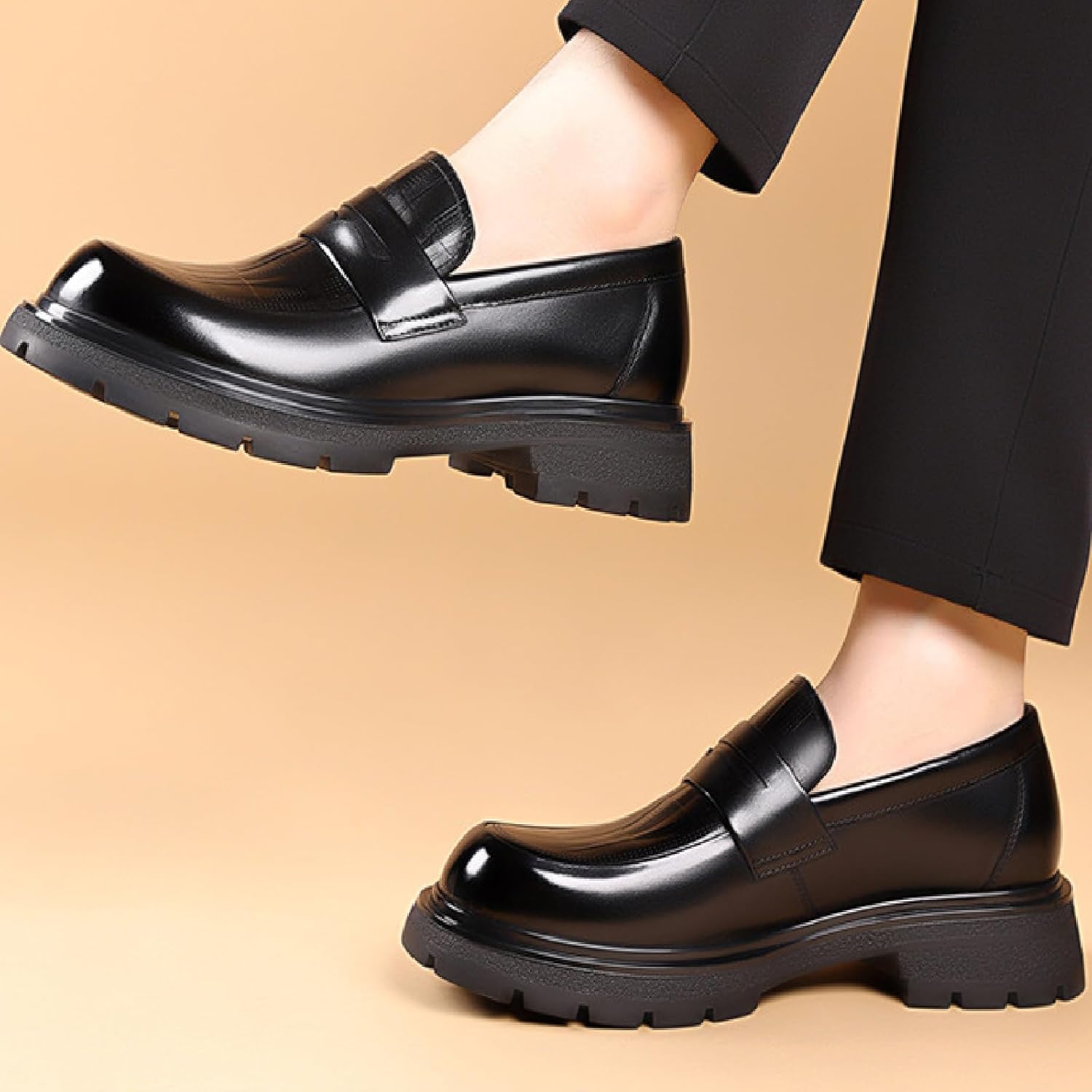 Men's Luxury Genuine Leather Platform Chunky Slip-on Penny Loafers Fashion Round Toe Lug Sole Patent Business Dress Shoes Classic Non-Slip Party Wedding Prom Work Shoes - Image 6