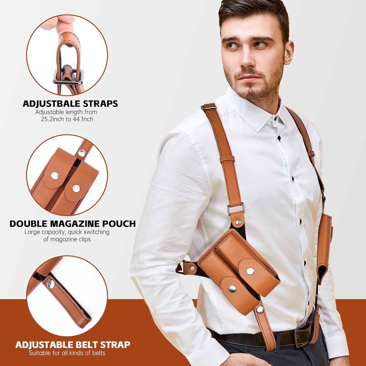 Universal Shoulder Holster for Men Adjustable Leather Gun Holster for Concealed Carry with Double Magazine Pouch Fits 1911, Glock 17/19/23, and Most Pistols (Right Hand Use)
