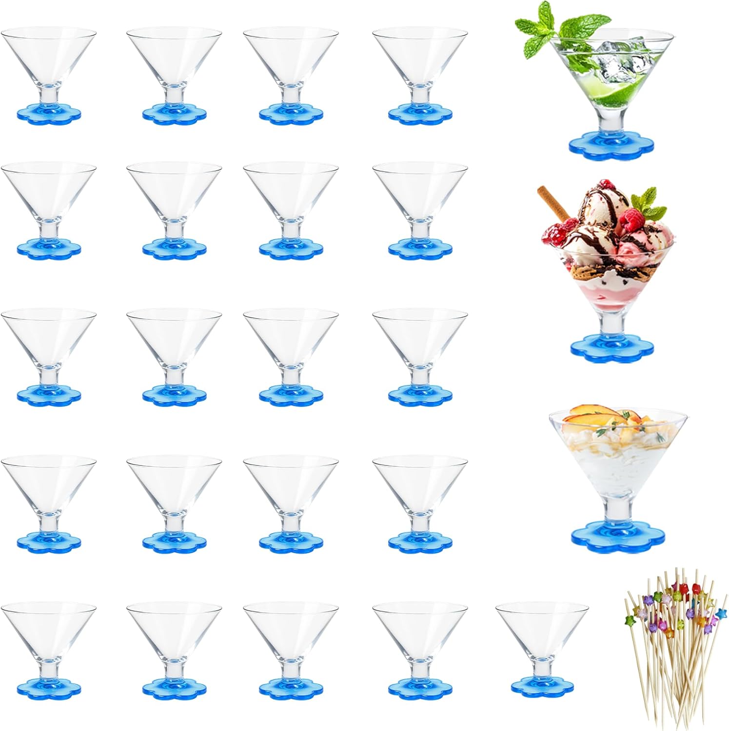 24 Pack Clear Plastic Martini Glasses, 6 oz Unbreakable Disposable Cocktail Cups, One-Piece Premium Design with Stable Base for Parties, Weddings, Desserts, and Ice Cream