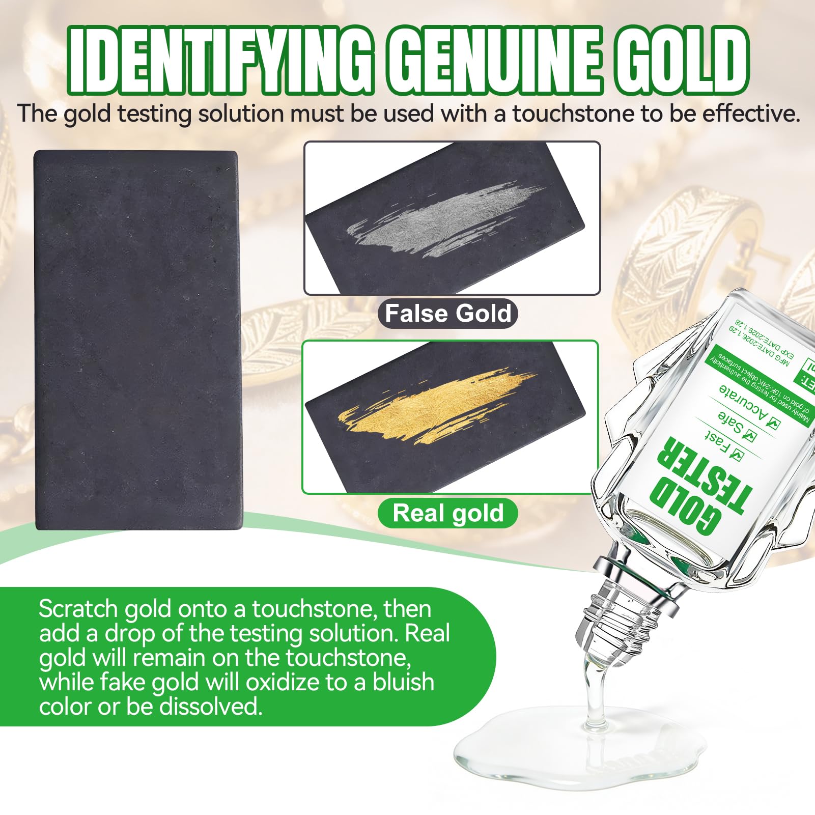 NoxGule Comprobador de Oro, Surtido de Reactivos de Prueba de Oro de 9K-24K, Solución de Análisis + Piedra de Toque, Fácil de Operar, Resultados Rápidos, Pruebas Confiables, 20ml — view 2