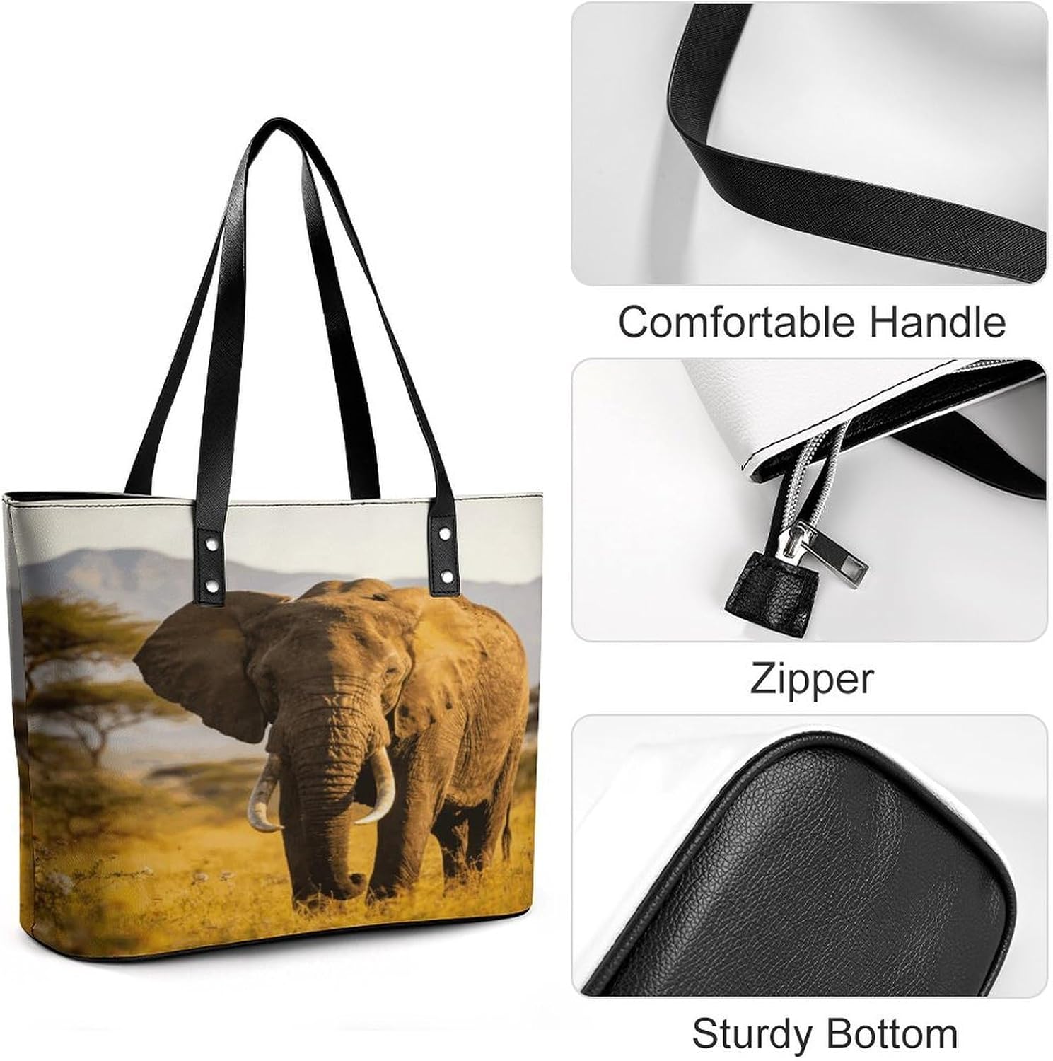 Elephant Tote Bag with Reinforced Bottom & Handles,Gym Bag Durable And Tip-proof,Weekender Bag to Top Zipper Closure,Daily Essentials