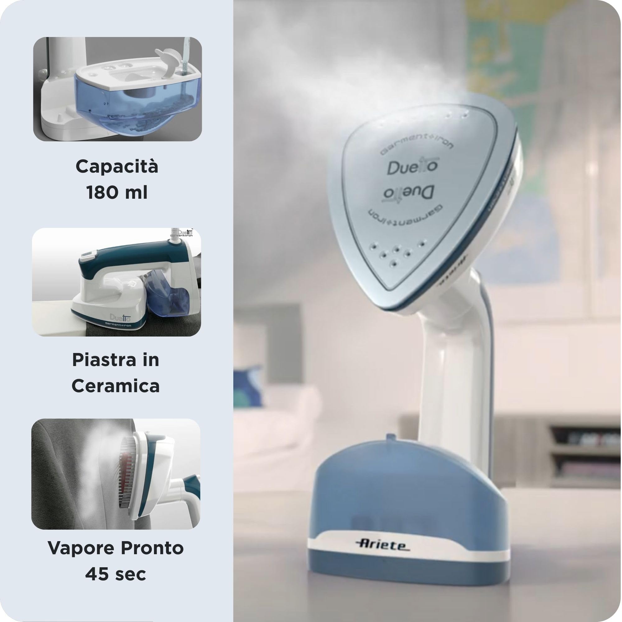 Ariete 6246 Cepillo plancha de vapor 2 en 1, 1000 W, 0.18 litros, suela antidaherente de cerámica, luz led, cable 2.5 min, listo en 60 segundos, blanco y azul