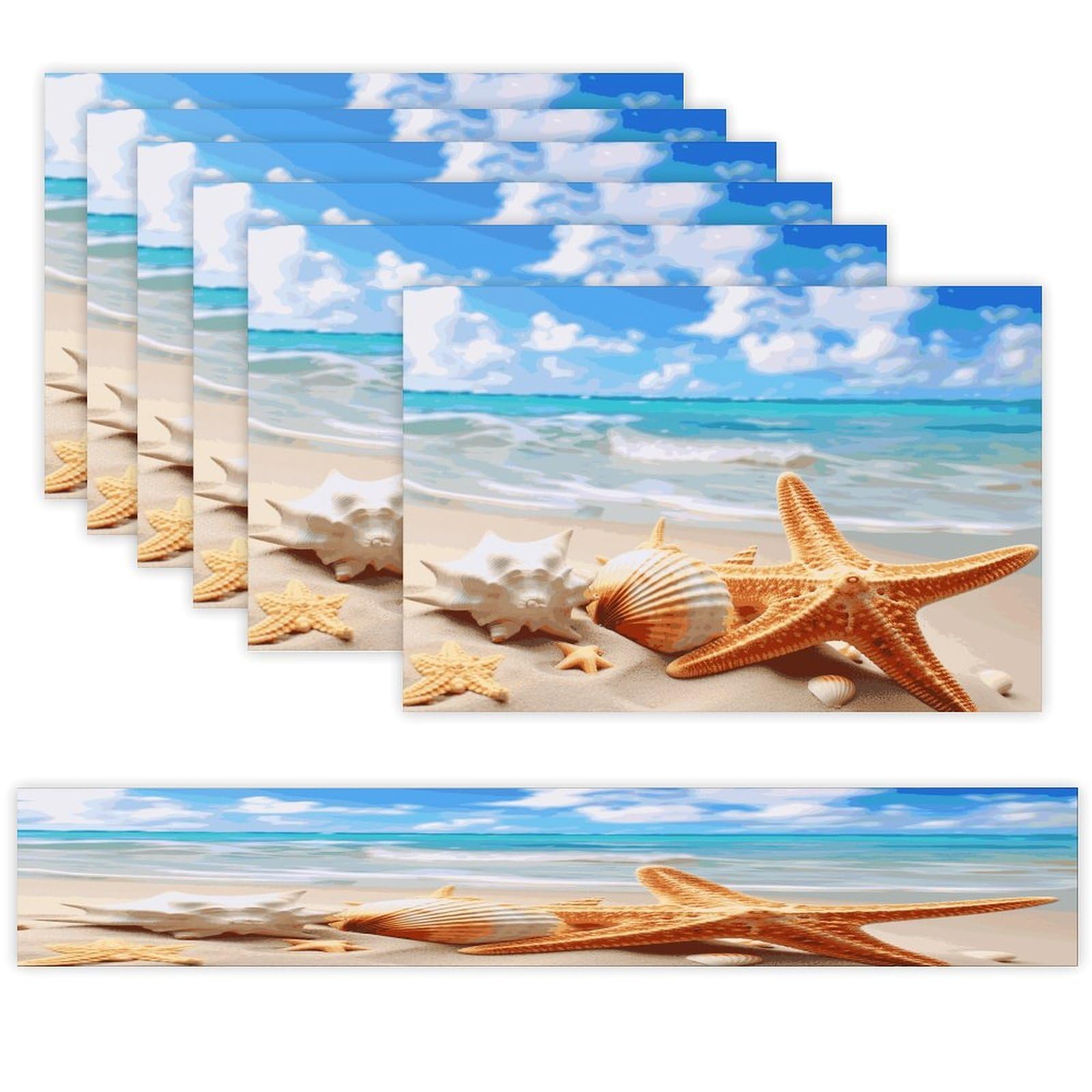 Starfish Seashell Ocean Beach Table Runner and Placemats Set of 6 Heat Resistant Table Runner Place Mats Modern Cloth Table Mat Washable Linen Placemat Festive Reusable Set