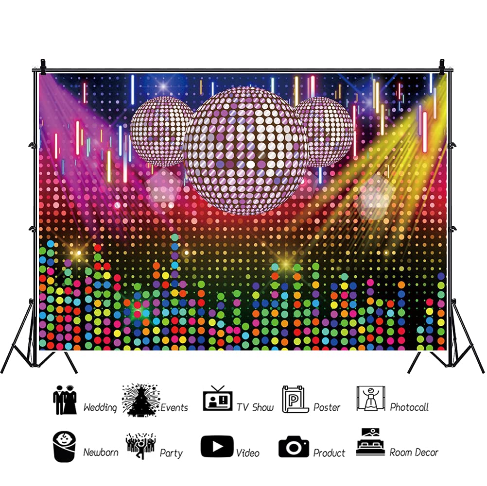 Disco Rainbow Stage Backdrop 70s 80s 90s Hippie Music Vintage Lights Photography Background Rock Music Colorful Neon Glow Party Decorations Photo Banner (7x5FT