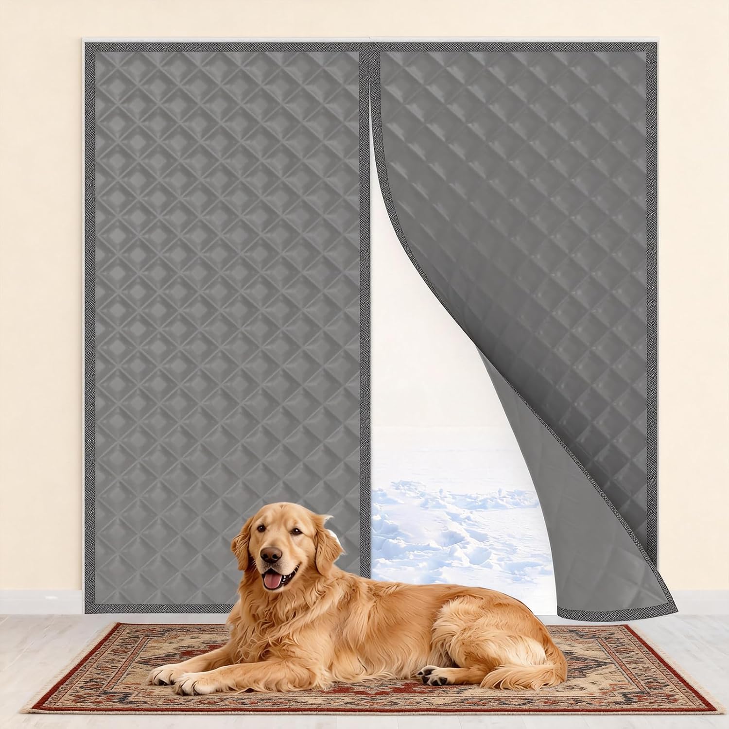 Magnetic Thermal Insulated Door Curtain Fits Door Size 72" x 80", Magnetic Thermal Cover for Winter with Weatherproof Oxford Fabric and Cotton Fiber Fill, Grey