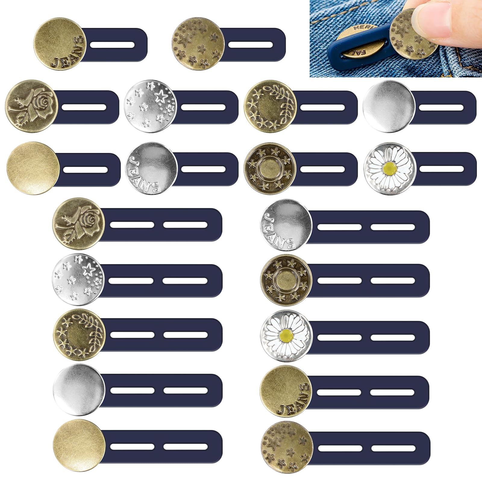 20Pcs No Sew Elastic Waistband Extender Buttons, Vintage Mixed Metal Waist Extension, Adjustable Detachable Trouser & Cuff Extender, Reusable Replace Buttons for Men Women Denim Pants Skirts