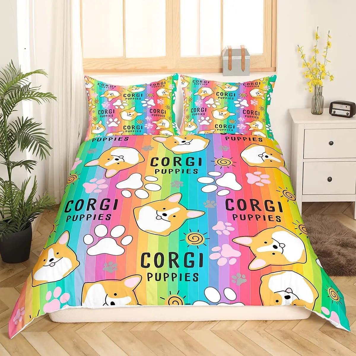 QBIDCSX Super King Duvet Set Corgi Bedding Set with Zipper Closure Microfiber Soft Breathable Duvet Cover 102.3x86.7 inch + 2 Matching Pillowcases 19x29 inch, for Adults Teenagers