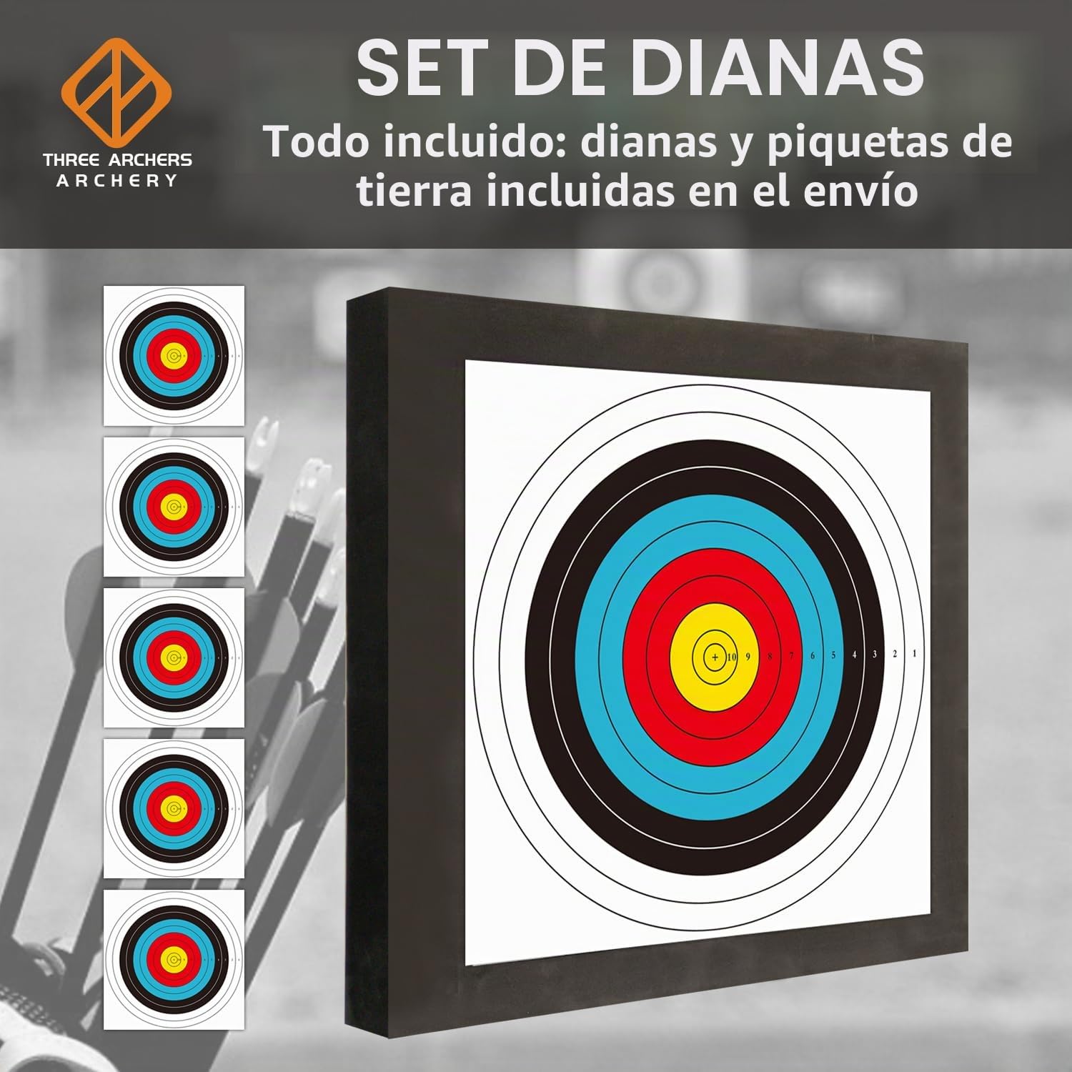 THREE ARCHERS Diana de tiro con arco, 50 x 50 cm, ligero y duradero, disco de espuma de alta densidad con 5 almohadillas y 4 clavos de disco para deportes con arco (negro)