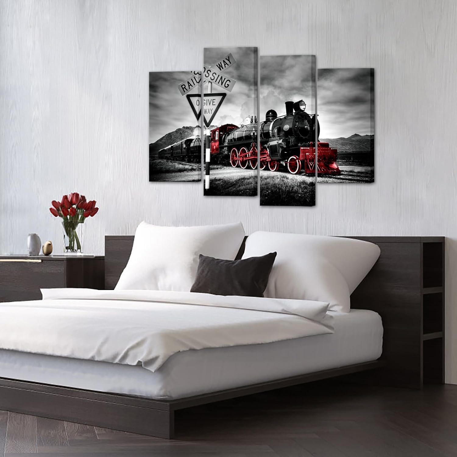 VANSEEING 4 Pieces Red and Black Train Canvas Wall Art Vintage Train Pictures Wall Decor Modern Artwork Framed for Boys Room Living Room