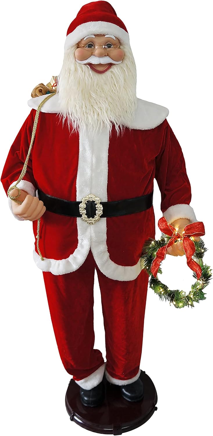 Fraser Hill Farm Life Size 58-in. Dancing Santa Animatronic with Wreath and Gift Sack, Indoor Animated Holiday Home Decor, Motion-Activated Christmas Decoration with Music 58in Santa With Wreath and Gift Sack