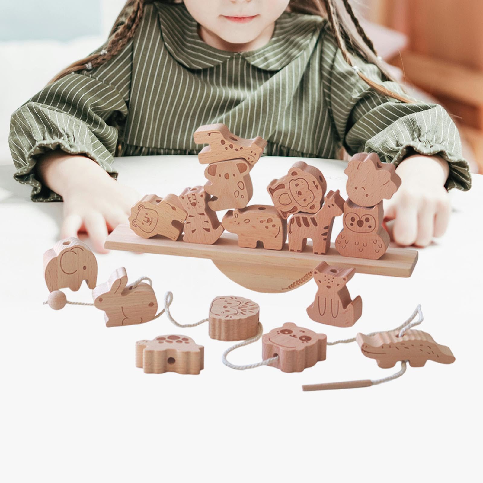F Fityle Juguete apilable de bloques de animales de madera, juego de equilibrio, habilidades motoras, ensartar cuentas, regalo de fiesta, juguete educativo