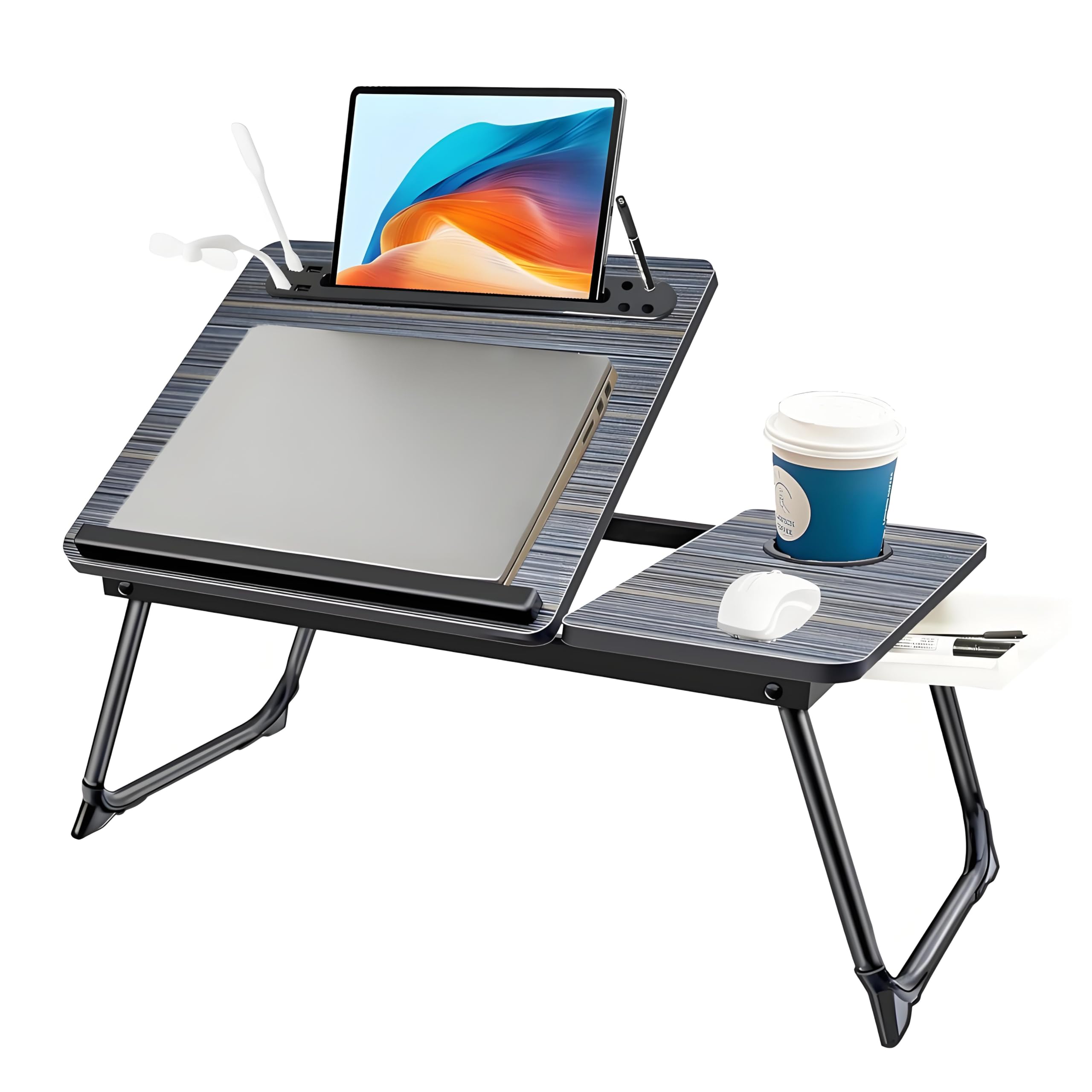 Laptop Desk, Laptop Bed Table with Foldable Legs, Cup Holder, Storage Drawer and USB Charging Port, Lap Desk Suitable for Work, Reading, Writing, Breakfast (Black) — image 1