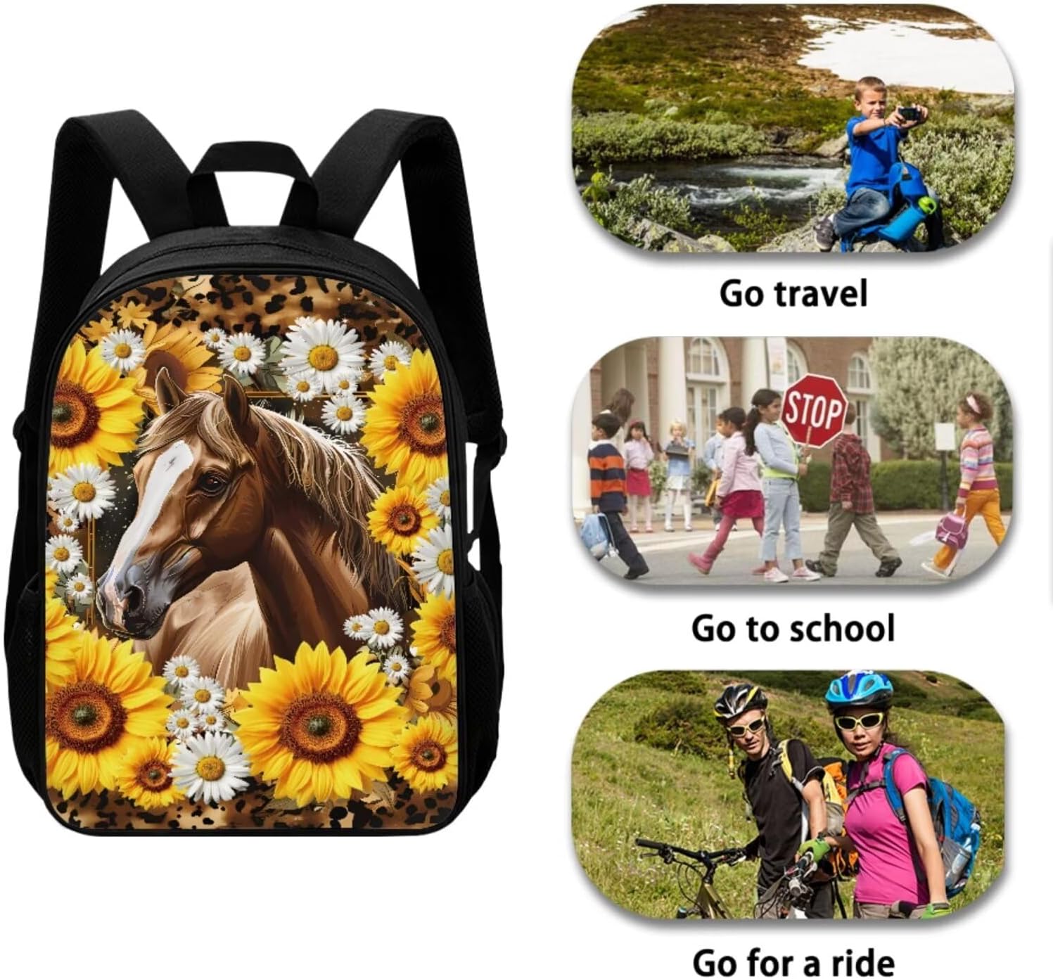 JEOCODY Horse Kids Backpack,Sunflower School Bookbag Set with Lunch Box Pencil Case and Bottle Holder for Teens Boy and Girls Set 4 In 1