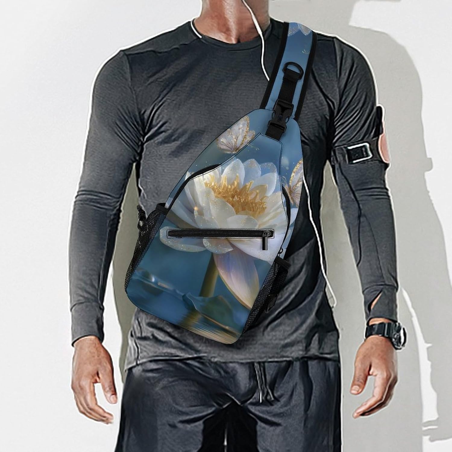 Lotusflower Butterflies Men Crossbody Sling Backpack Chest Bag | Travel Fanny Pack,Hiking Daypack,Print Shoulder Bags
