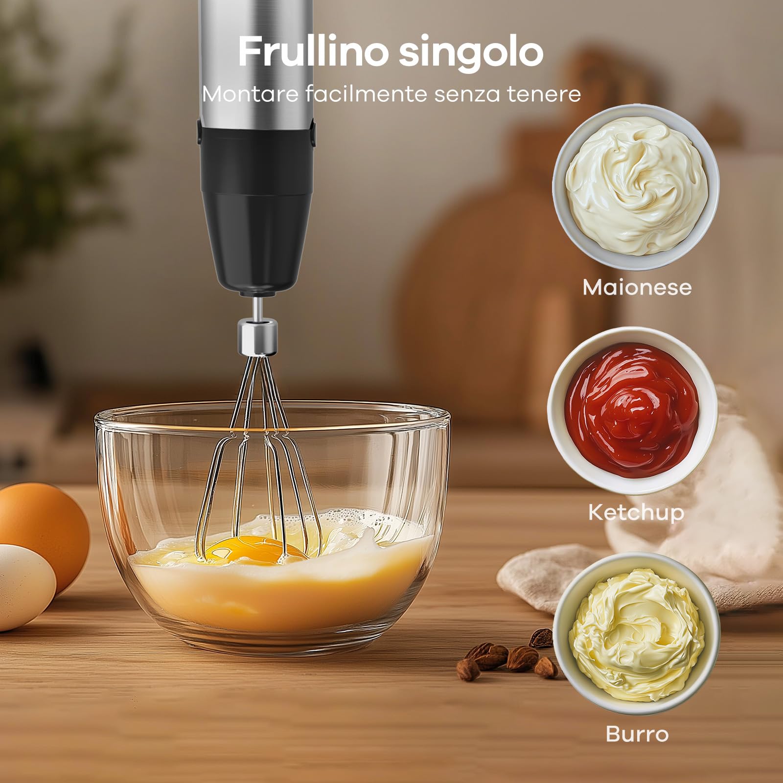 Ganiza Frullatore a immersione 5 in 1, 1200 W con controllo della velocità e modalità Turbo, in acciaio inossidabile, completo di tritatutto, frusta, montalatte e misurino, ideale per zuppe e frullati
