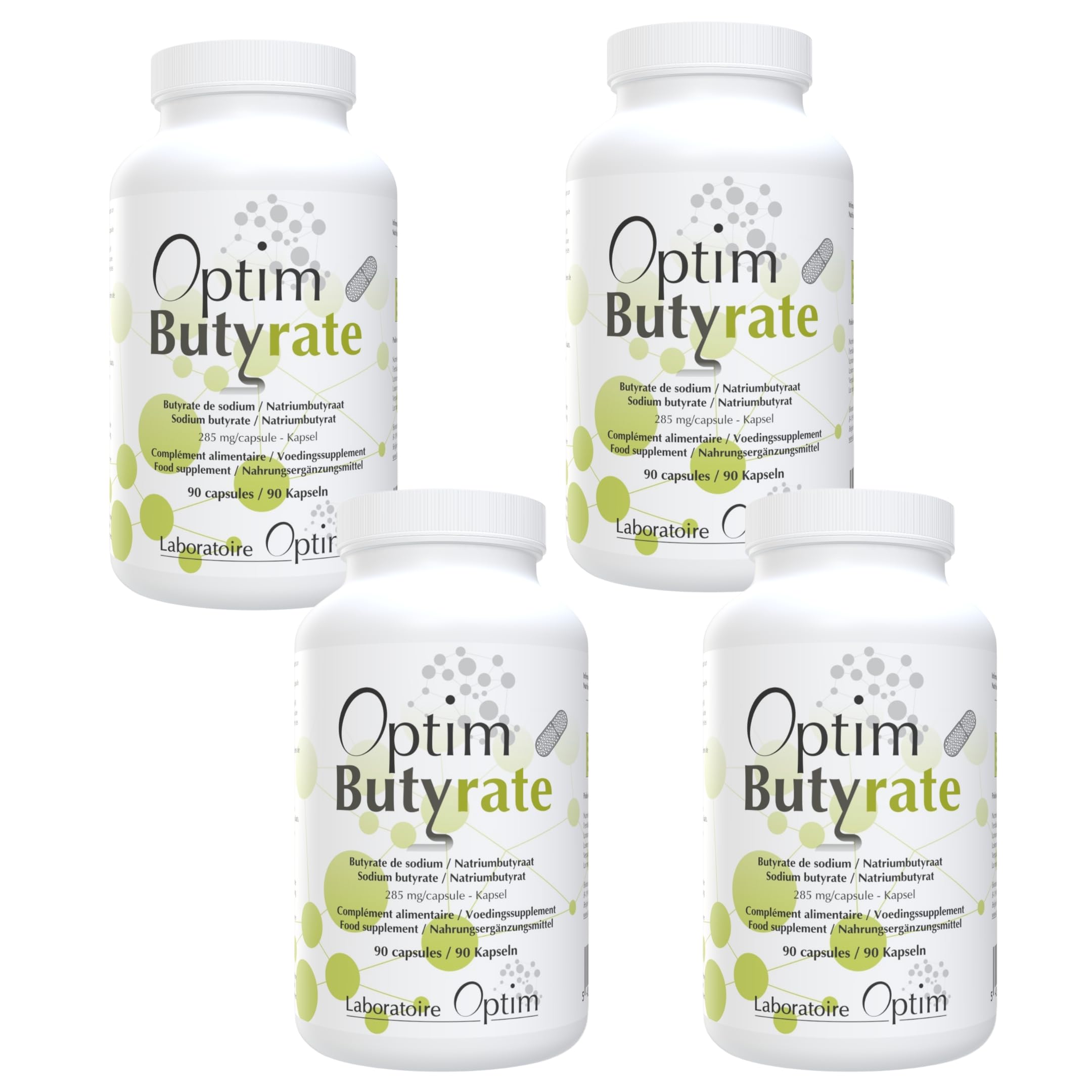 OPTIM Butyrate Integratore Butirrato di Sodio, Pack 4 x 90 Capsule | Acido Butirrico, Microincapsulato Lento Rilascio nel Intestino, Colon Transito Intestinale, Altamente Dosato, Vegano