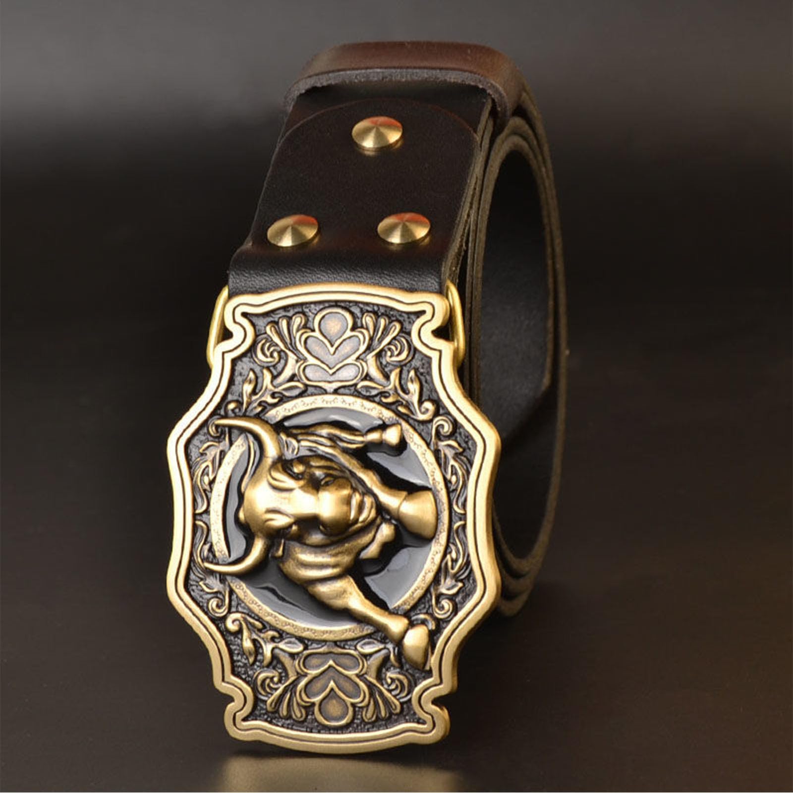 Cintura, Cintura da rodeo da uomo, Cintura da cowboy western in pelle da uomo con fibbia in metallo con motivo toro dalle corna lunghe,Nero,125CM/49.2''