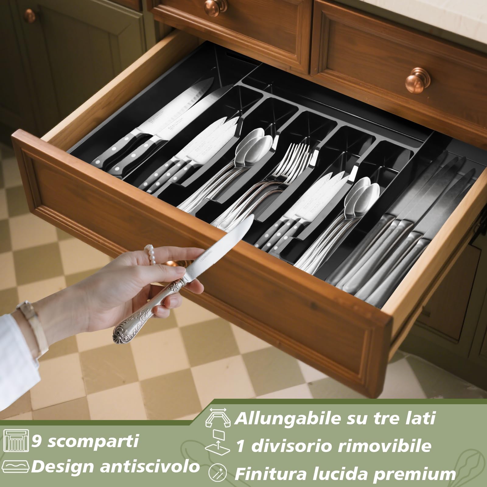 Charmofun Portaposate da Cassetto, Organizer Cucina Espandibile con 9 Scomparti, Nero