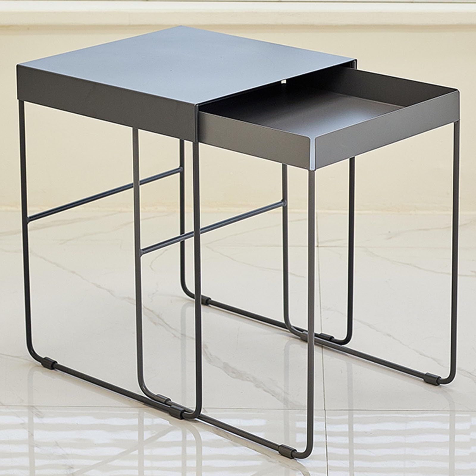 SXZenSpace Nesting Metal Side End Table Set of 2, Modern Industrial Square Coffee Table, Sturdy and Waterproof, for Living Room, Bedroom
