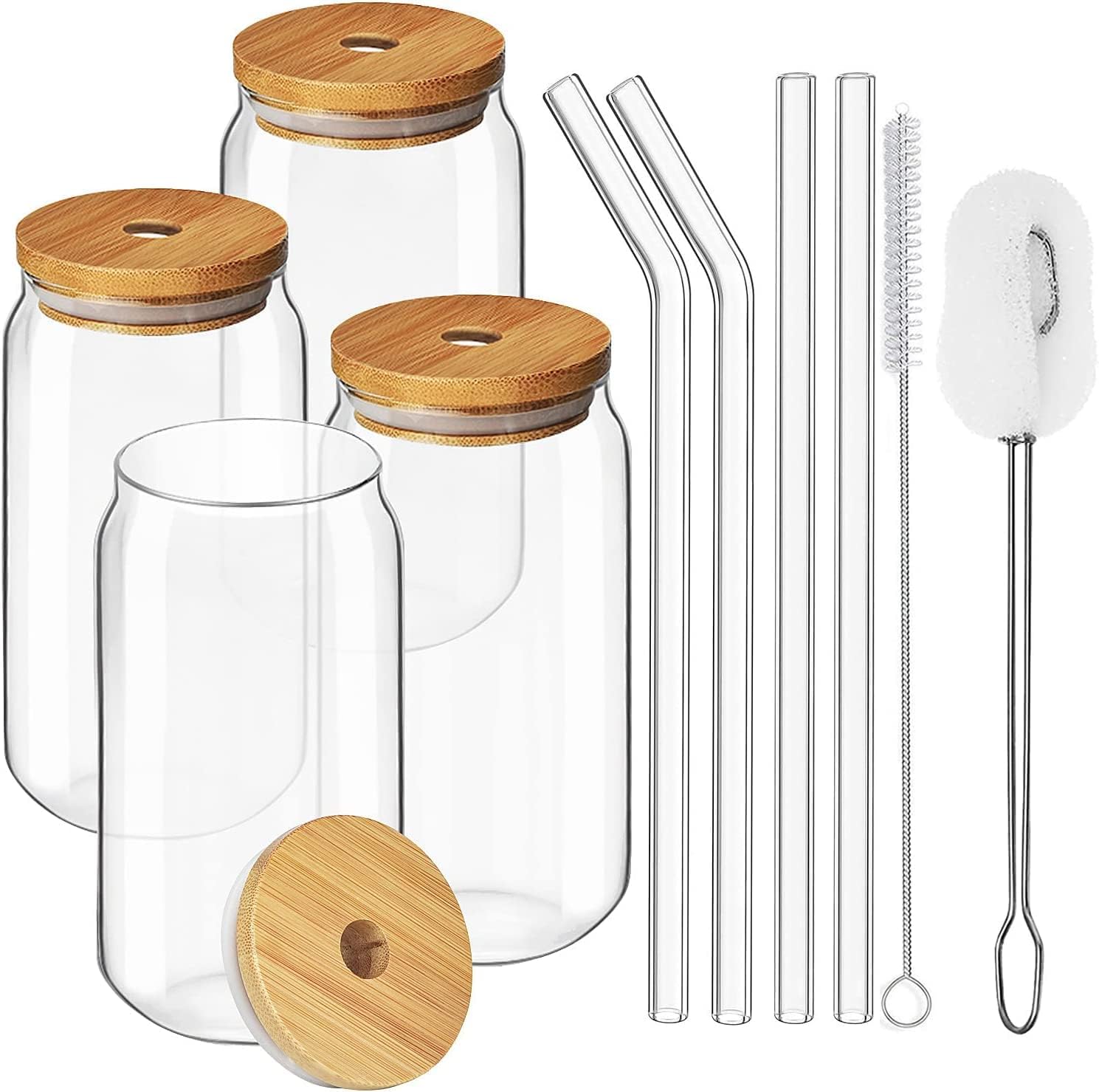 Alink 16 oz Beer Can Glass Cups with Bamboo Lids and Glass Straws,Drinking Water Glasses Set