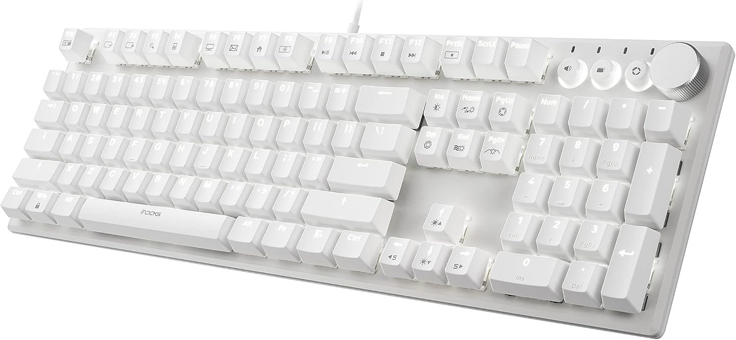 i-rocks K74M Illuminated Mechanical Keyboard - with Swappable Switches - 107keys, USB-C Detachable Cable, LED Backlit, PBT Double Shot Keycaps, Smart Wheel Control - White
