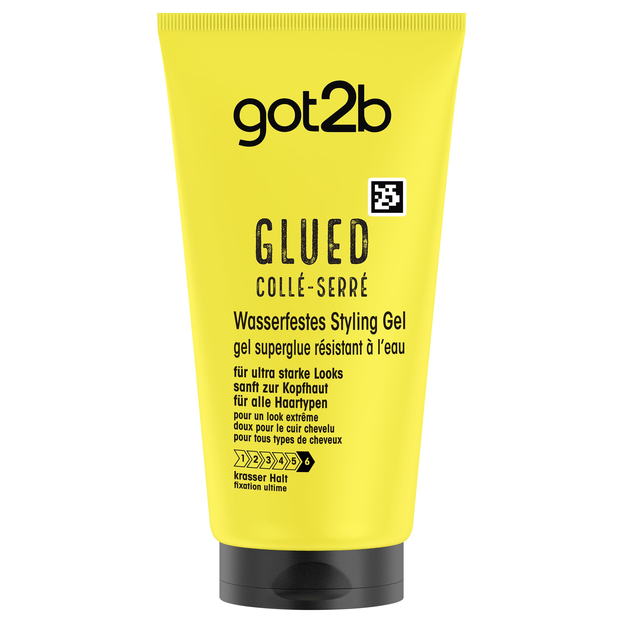 Got2b, Colle Serre, Gel Coiffant Superglue Glued, Gel Waterproof Tenue Longue Duree, Resistant a L'Eau, Fixation Ultime, Formule Vegane, 72% d'ingredients d'origine naturelle, 150ml