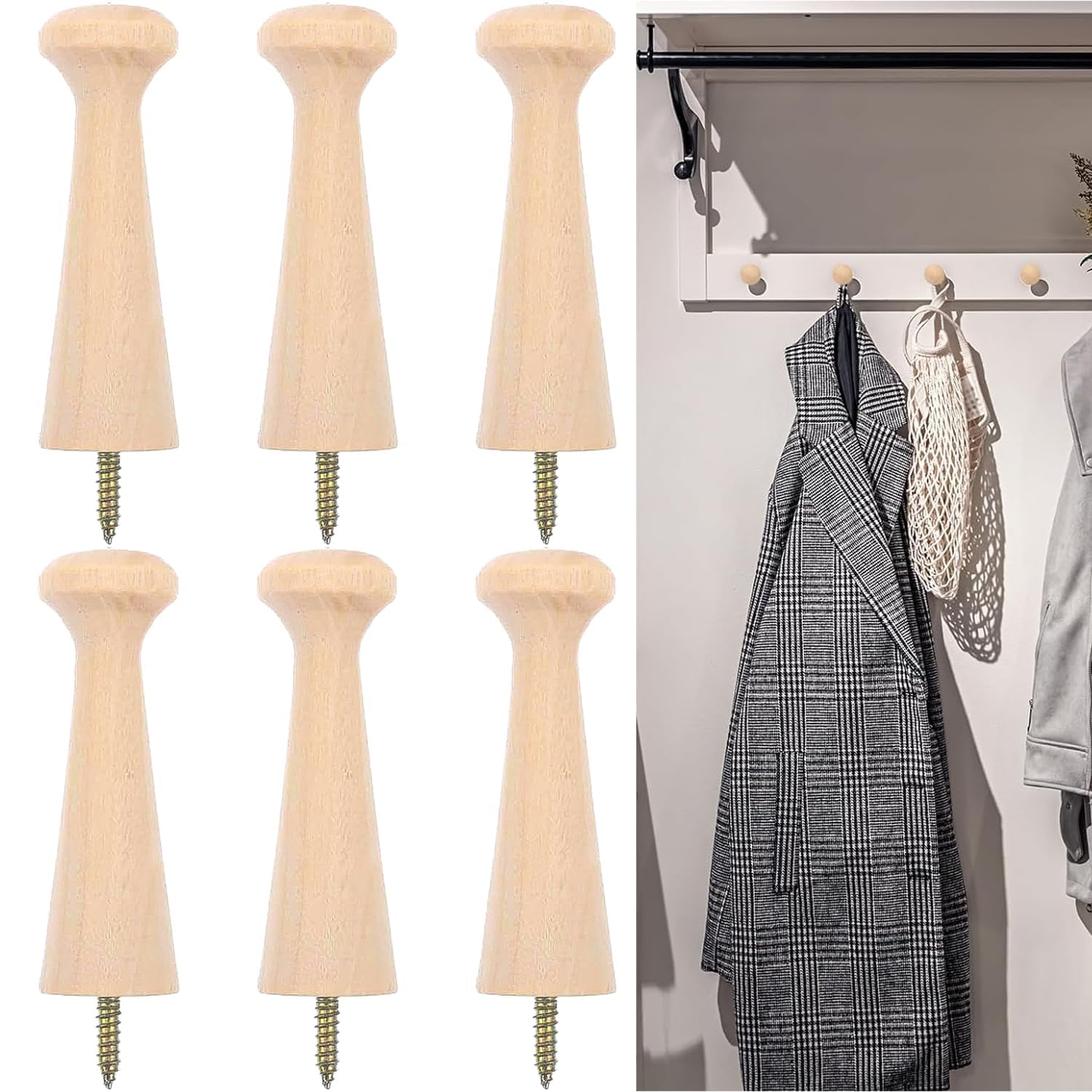 Derkiua Beige 10 Pcs Wooden Shaker Peg Screw-On Shaker Pegs 3.3 Inch Solid Unfinished Wood Shaker Racks Wooden Hooks For Hanging Clothes Hats Keys Bags Towel