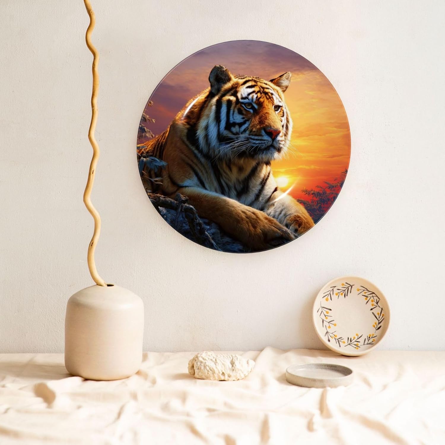 Decorative Plate 10in Bone China Dessert Plates with Display Stand Ceramic Ornament Ceramic Tiger Colorful Sunset Decorative Plates Art Crafts Porcelain Plate for Home Club Living Room