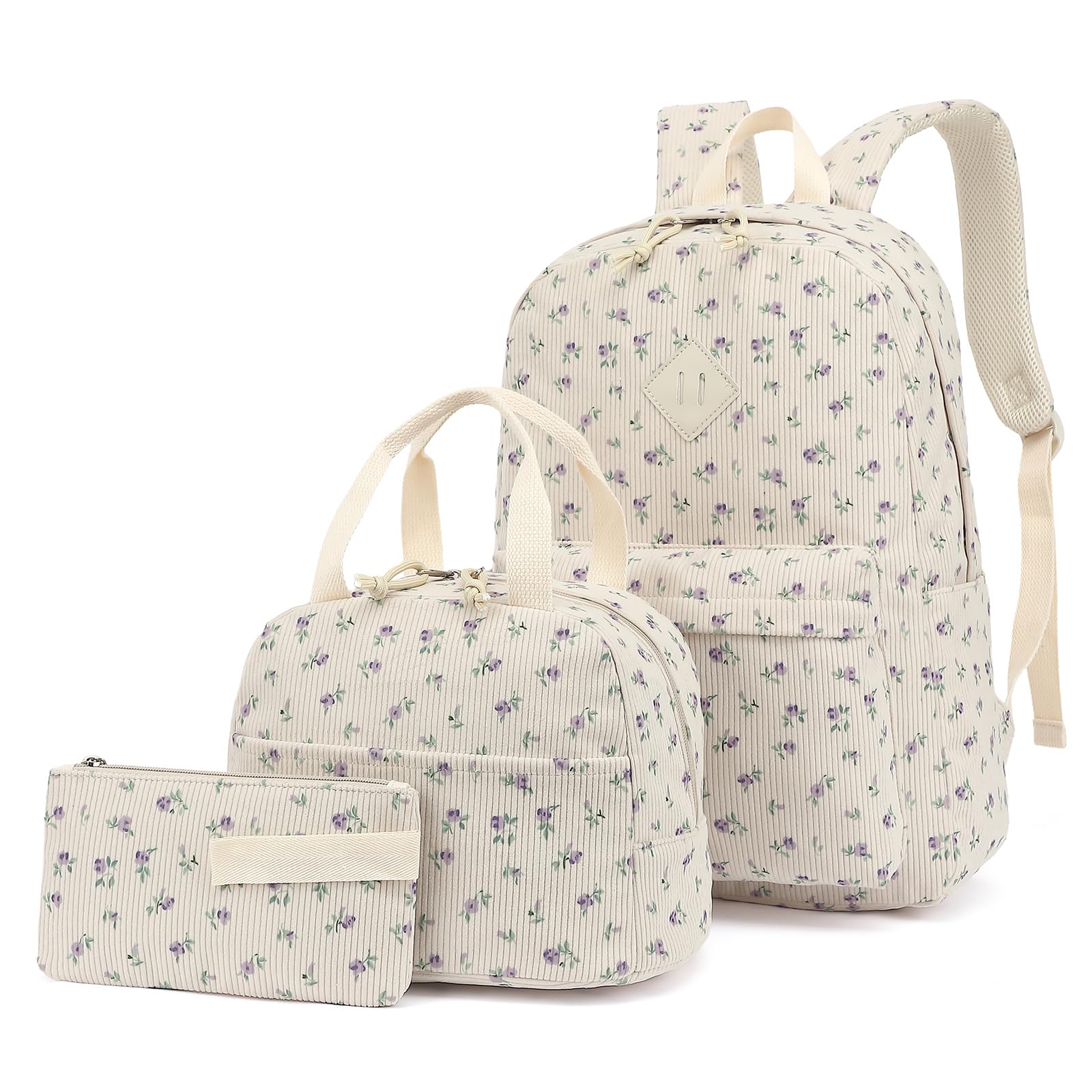 Corduroy Mädchen-Rucksack-Set, 3-teilig, Schulrucksäcke für Kinder, Grundschultaschen mit Lunchbox, Federmäppchen, Beigefarbener Kordsamt, Blumenmuster, Violett, 12.2"L x 6.7"W x 16.9"H