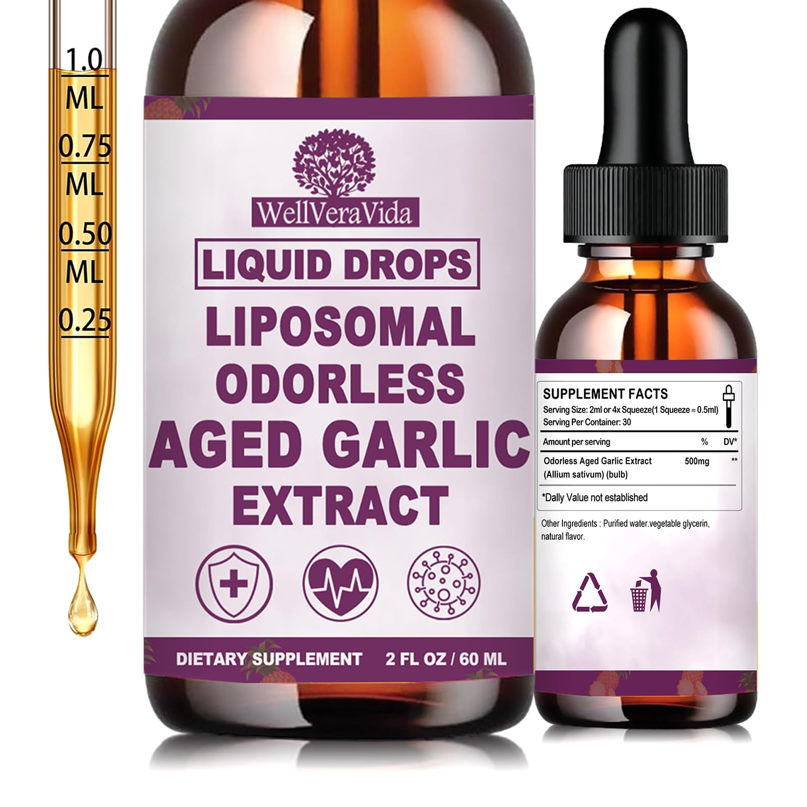 Aged Garlic Extract Liquid Drops, Organic Odorless Garlic Supplement 500mg
