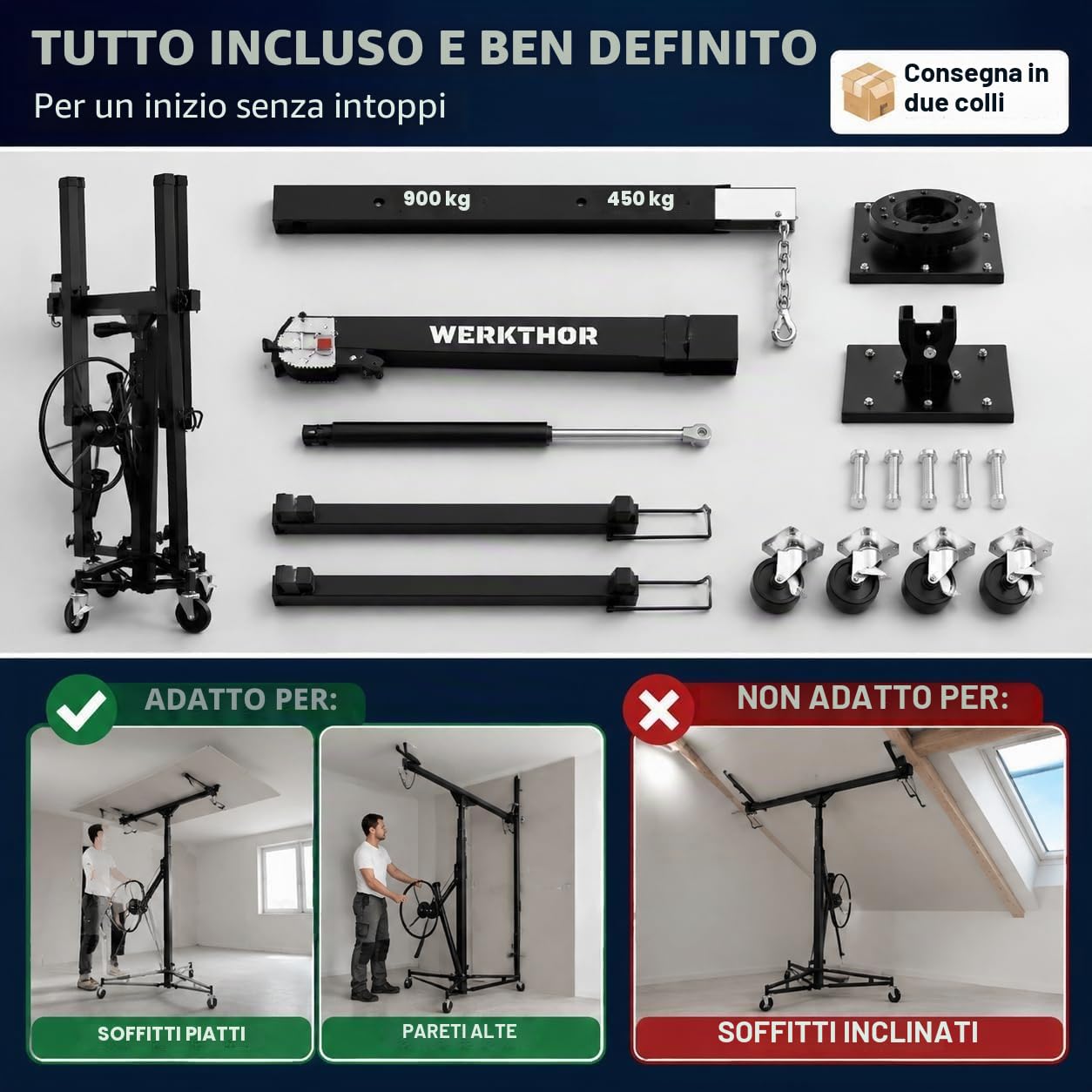 Werkthor Alzalastre per Cartongesso XXL fino a 68 kg – Altezza 140-350 cm – Alza Lastre di Cartongesso con 3 Ruote e Freno – Alza Pannelli Cartongesso Professionale (Nero)