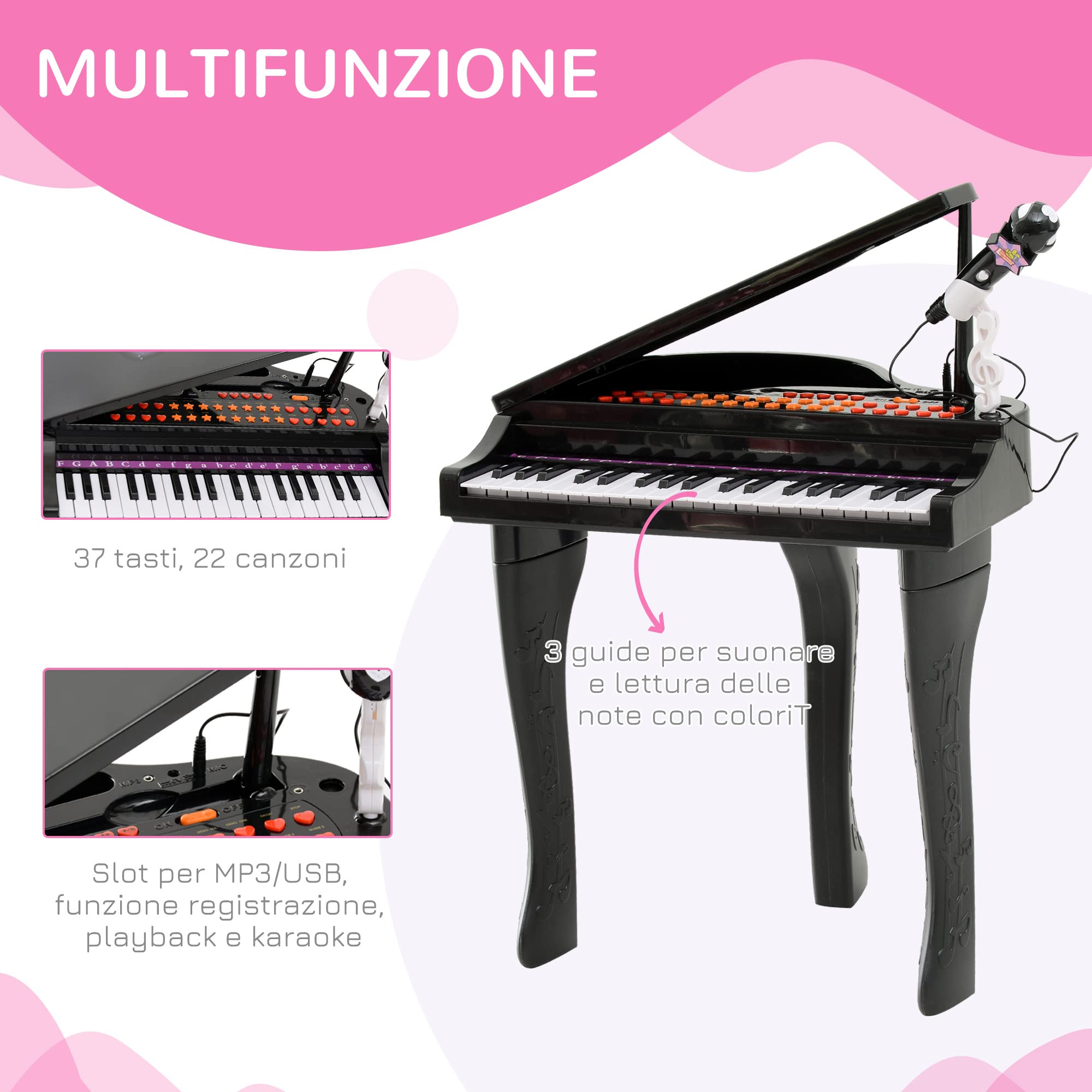 HOMCOM Pianoforte Elettrico Giocattolo Strumento Musicale per Bambini con 37 Tasti Microfono e Sgabello 48x39x69cm Nero
