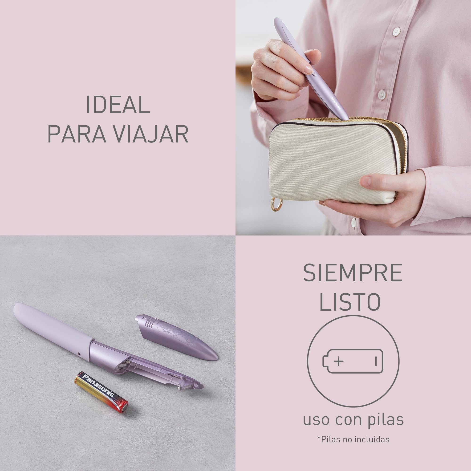 Panasonic ES-WF71-V503 Recortador de Cejas y Vello Facial Mujer, Perfilador De Cejas, Cabezal Flexible, Acero Inoxidable Hipoalergénico, Funciona con Pilas AAA, Lila
