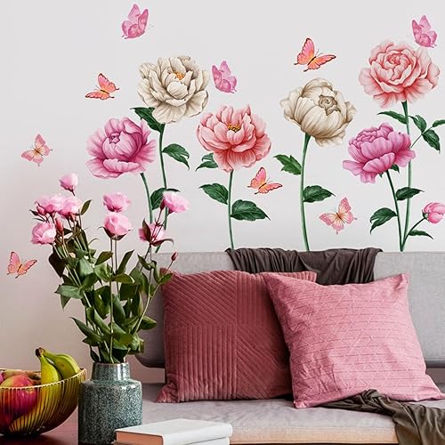 Miniatura 5 de Calcomanías de pared de flores rosadas, calcomanías de pared de mariposa de vinilo, murales de pared florales extraíbles, despegar y pegar,