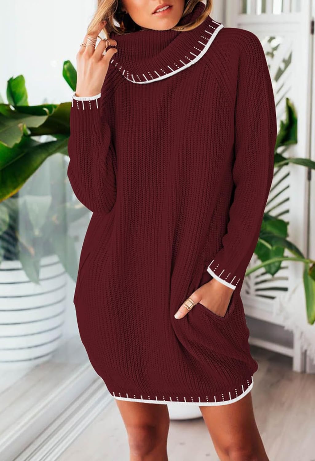 Pink Queen Women's Oversized Turtleneck Sweater Dress 2025 Casual Loose Long Sleeve Fall Winter Knit Mini Dress with Pockets - Image 3