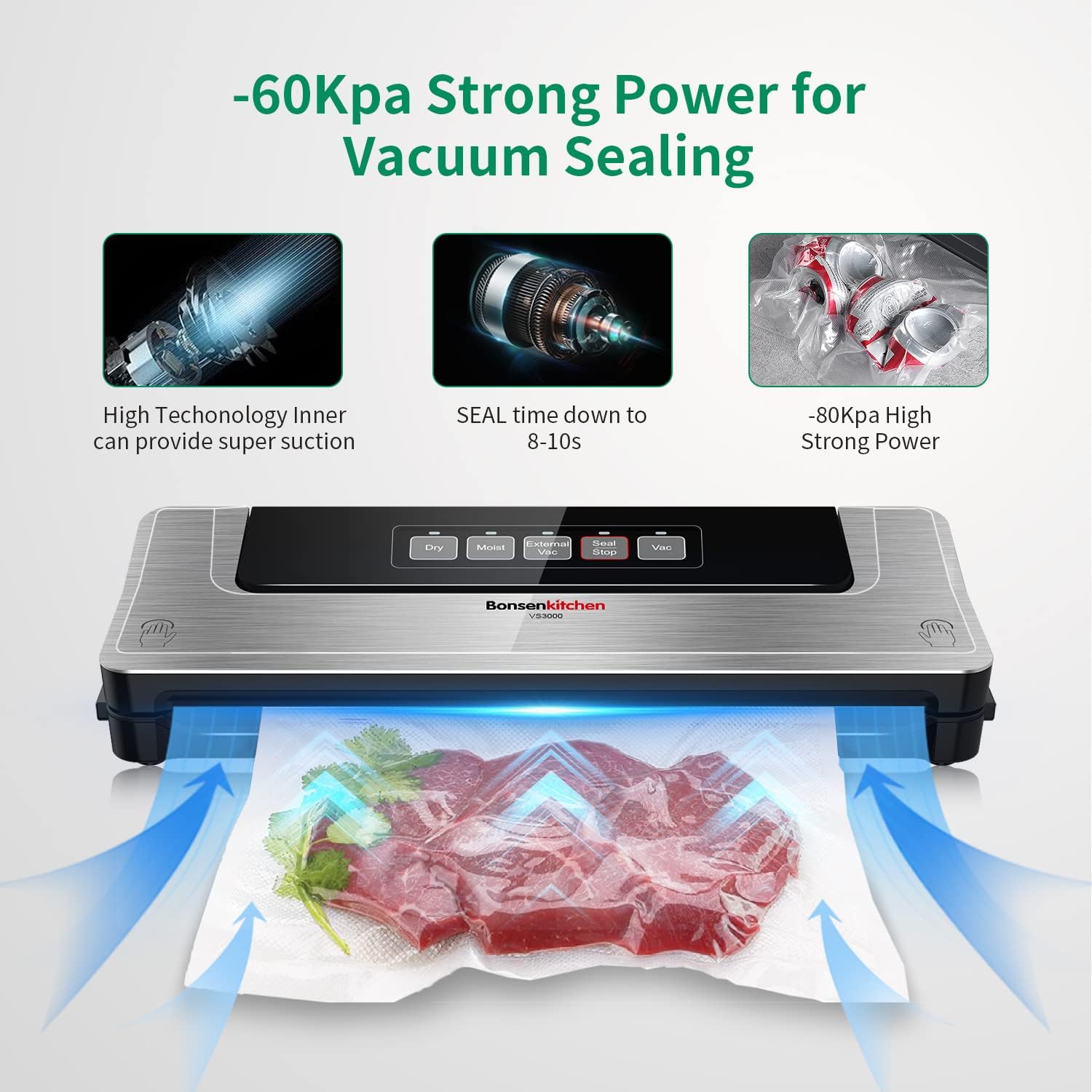 Bonsenkitchen Vacuum Sealer Machine, Built-in Cutter | Multifunctional Food Sealer for Sous Vide & Meal Prep, 40 Pre-Cut Bags, Grey-Black