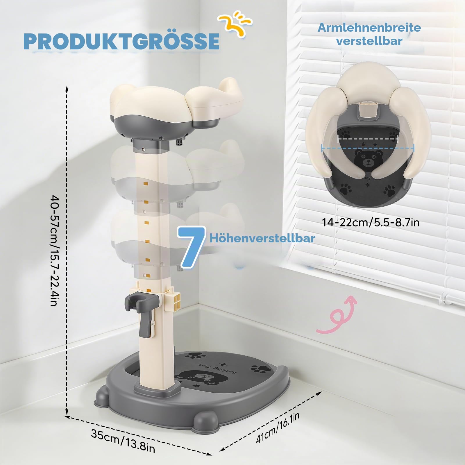 Baby Dusche Ständer, Höhenverstellung 40-57cm, Baby Shower Stand Support mit Anti-Rutsch Basis & Rutschfester Matte, BPA-frei, Shower Support für Kinder 6-36 Monate zum Baden, Wickeln & Anziehen(Weiß)
