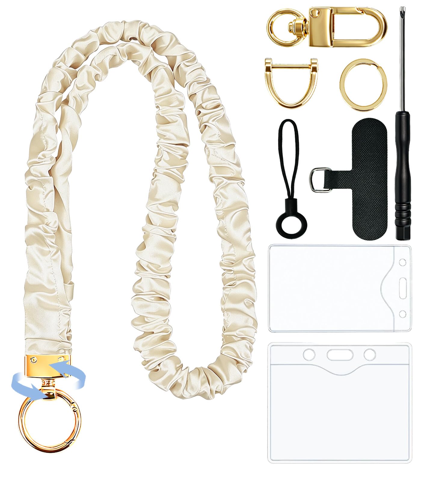 RAYTRUST Scrunchie Lanyard for ID Badges and Keys, Teacher Lanyard for Keys, Soft Satin Neck Strap, Stretchy Lanyards with ID Holder and 2 Badge Holders for Nurses & Office - 19-30" Reach