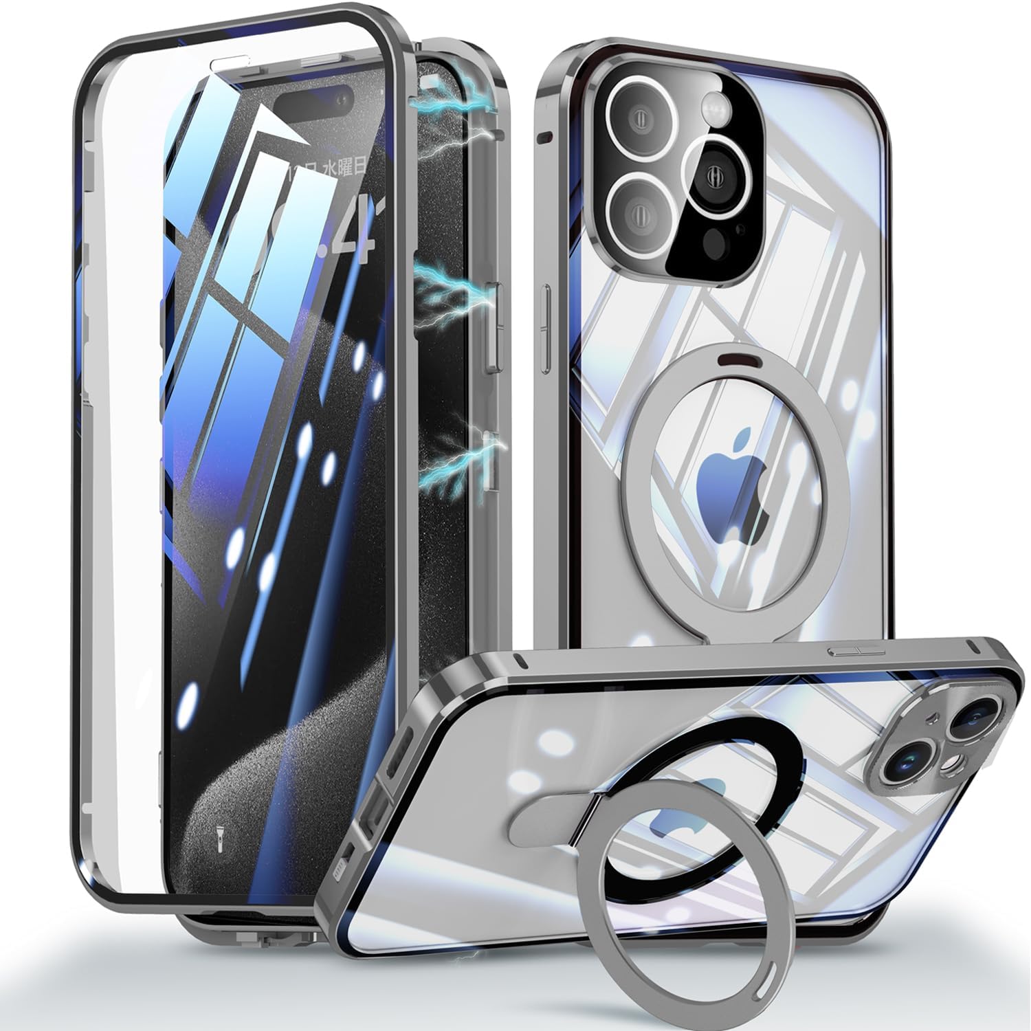 OURJOY iPhone 15 Pro 用 ケース 【両面保護+MagSafe対応+ロック式+多機能一体スタンド】 ガラスケース クリア 360°全面保護 アイフォン15 プロ スマホケース アルミバンパー フルカバー カメラレンズ保護 ワイアレス充電 携帯ケース・ナチュラルチタニウム